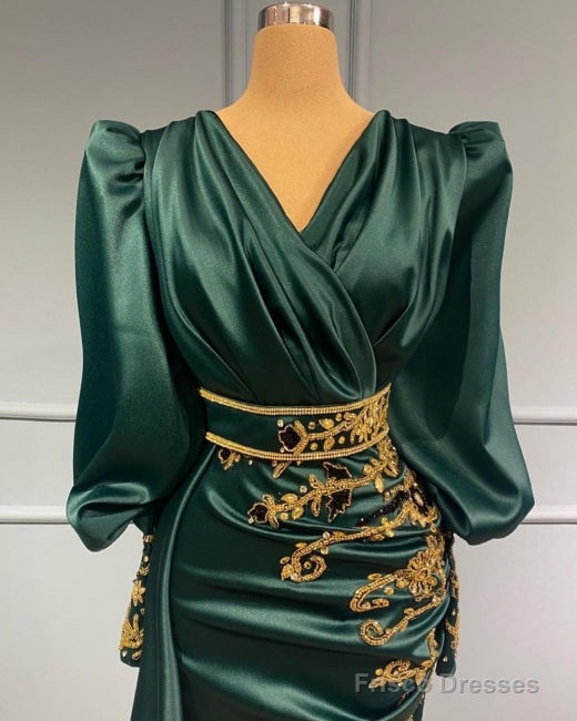 Dark Green Long Sleeve Beading Satin Trumpet Mermaid Prom Dress Secondary image