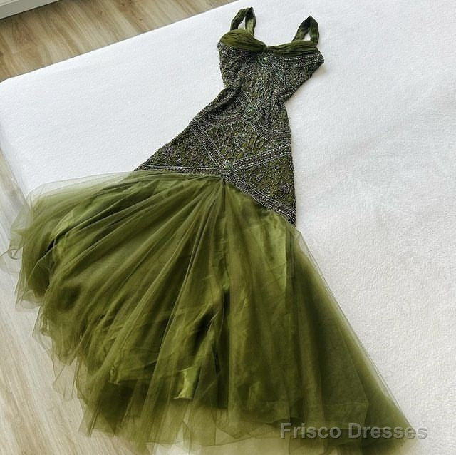 Dark Green Merimaid Spaghetti Strap Tulle Beaded Long Prom Dress Birthday Graduation Prom Dress Secondary image