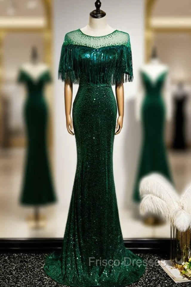 Dark Green Mermadi Sequins Tassel Short Sleeve Formal Prom Dress