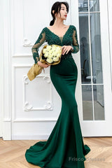 Dark Green Mermaid Lace And Beaded Evening Dresses, Green Prom Dress Party Dress