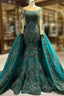 Dark Green Mermaid Long Sleeve Appliques Beading Formal Prom Dress
