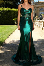 Dark Green Mermaid Metallic Pleated Corset Long Prom Dress with Slit