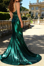 Dark Green Mermaid Metallic Pleated Corset Long Prom Dress with Slit