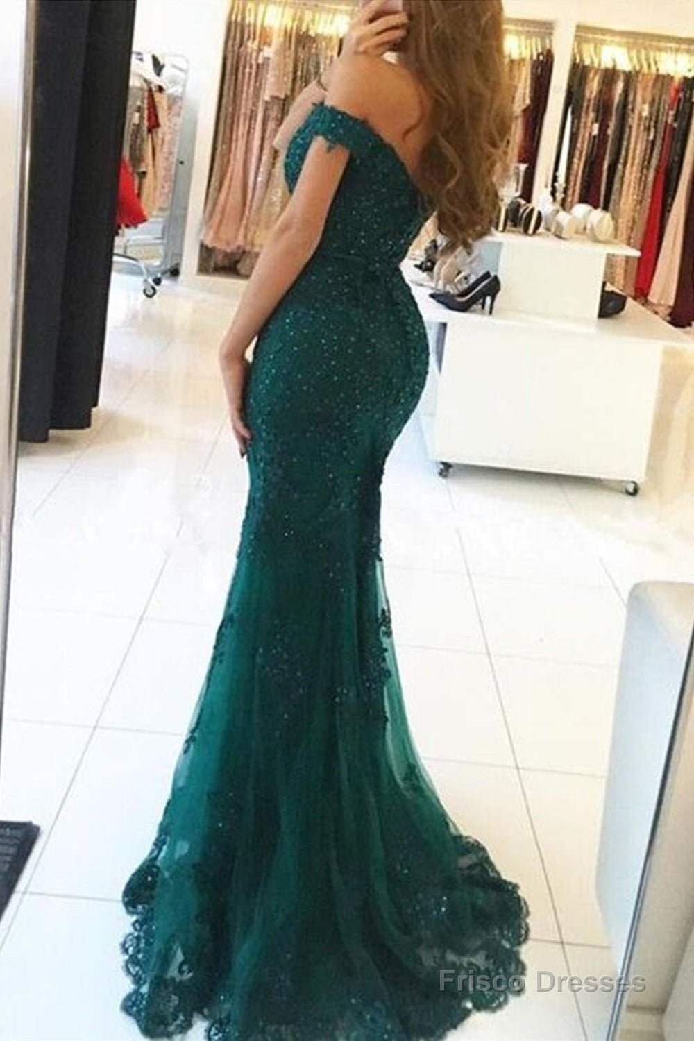 Dark Green Mermaid Off Shoulder Party Dress with Lace Mermaid Prom Dress prom dresses shops Secondary image