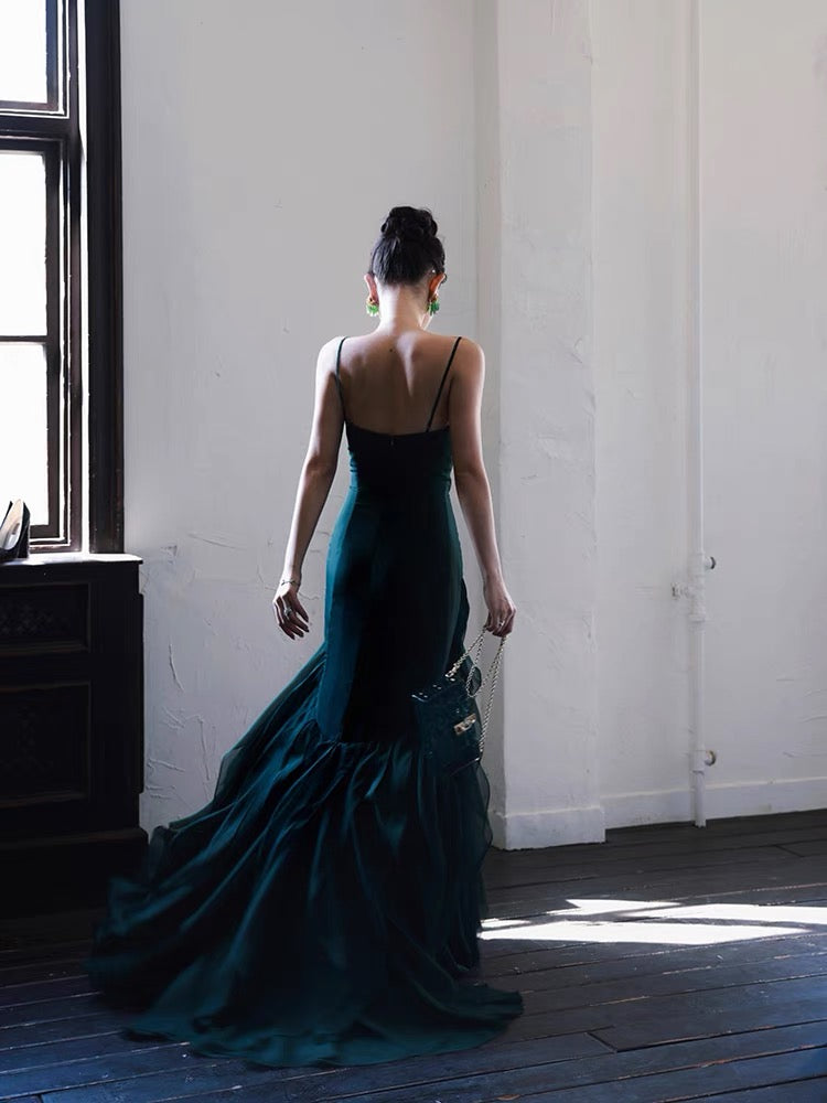 Dark Green Mermaid Ruffle Chiffon Long Prom Dress