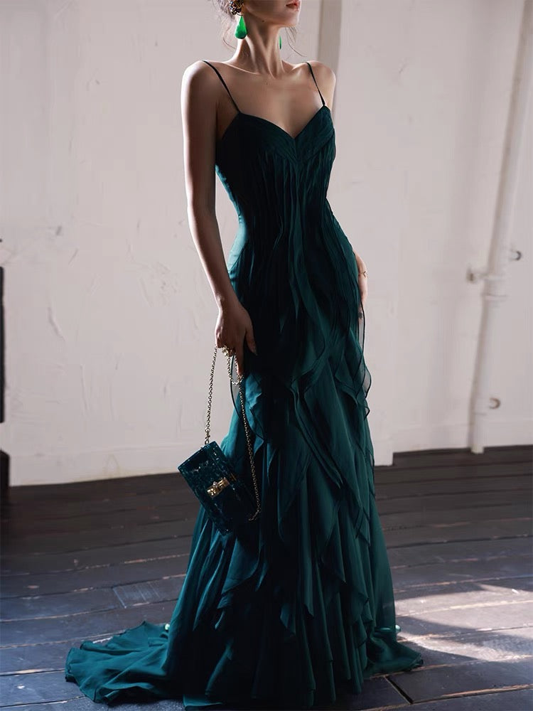 Dark Green Mermaid Ruffle Chiffon Long Prom Dress Main image