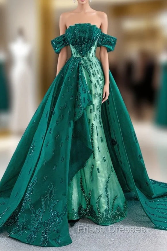 Dark Green Mermaid Satin Sequins Off the Shoulder Formal Prom Dress Main image