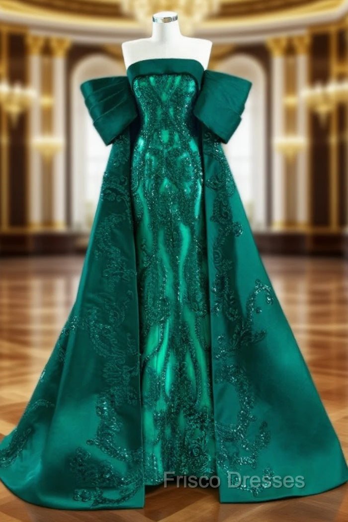 Dark Green Mermaid Satin Sequins Pleats Formal Prom Dress