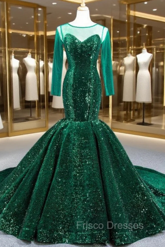 Dark Green Mermaid Sequins Long Sleeve Formal Prom Dress With Train