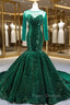 Dark Green Mermaid Sequins Long Sleeve Formal Prom Dress With Train