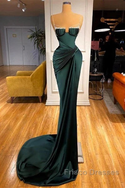 Dark Green Mermaid Spaghetti-Straps Satin Long Formal Prom Dress With Beadings