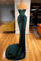 Dark Green Mermaid Spaghetti-Straps Satin Long Prom Dress With Beadings