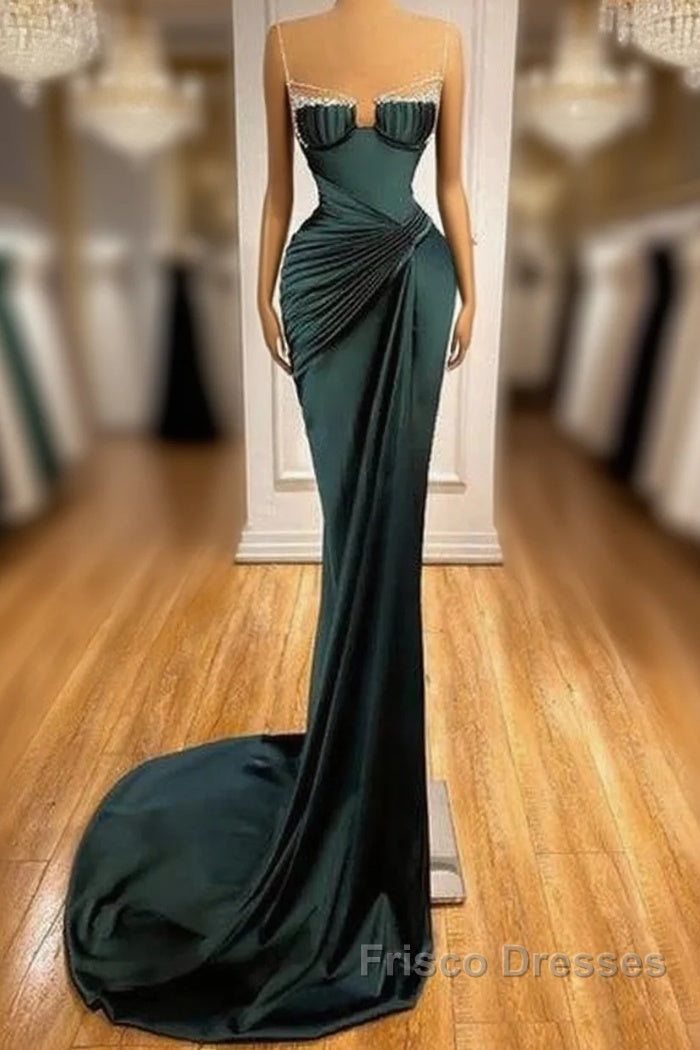 Dark Green Mermaid Spaghetti-Straps Satin Long Formal Prom Dress With Beadings Main image