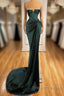 Dark Green Mermaid Spaghetti-Straps Satin Long Formal Prom Dress With Beadings