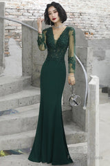 Dark Green Mermaid Spandex Long Evening Dress With Lace, Long Sleeves Prom Dresses
