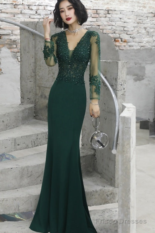 Dark Green Mermaid Spandex Long Evening Dress With Lace, Long Sleeves Prom Dresses Main image