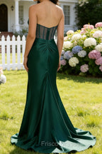 Dark Green Mermaid Strapless Pleated Corset Long Prom Dress with Slit
