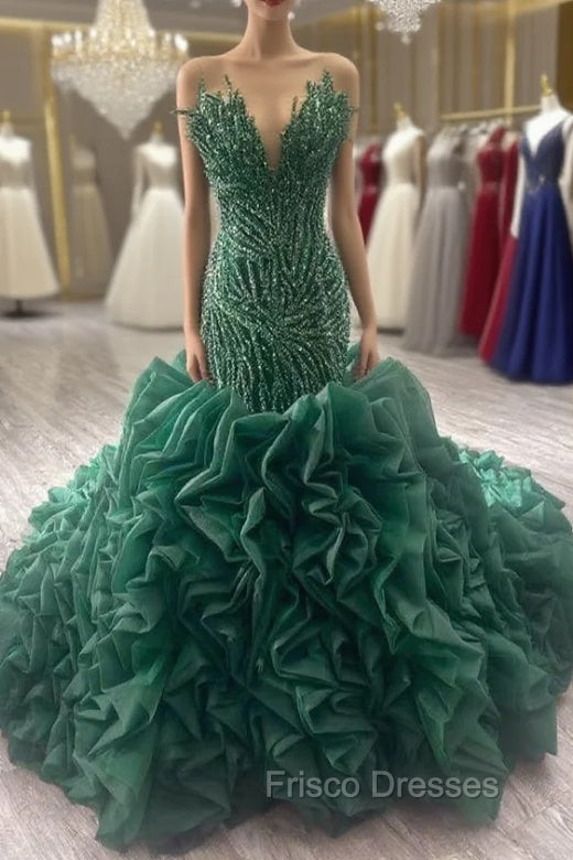 Dark Green Mermaid Strapless Ruffles Beading Formal Prom Dress Main image