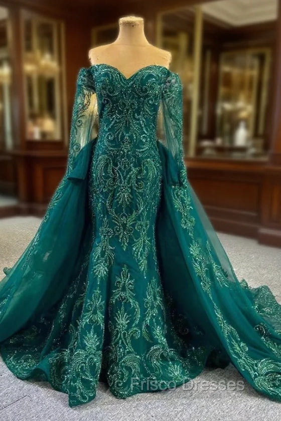Dark Green Mermaid Tulle Appliques Beading Formal Prom Dress
