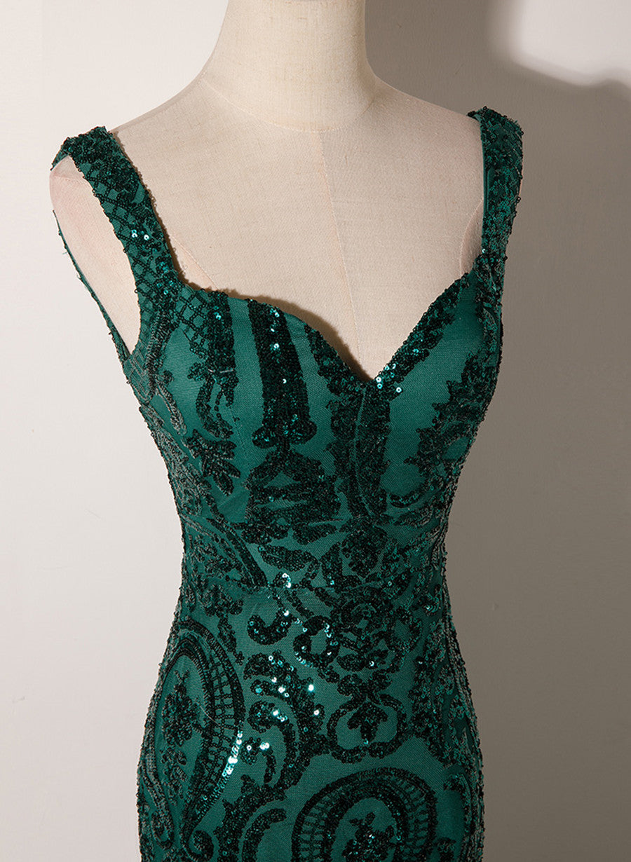 Dark Green Mermaid Tulle With Sequins Straps Party Dress, Mermaid Long Formal Dress Secondary image