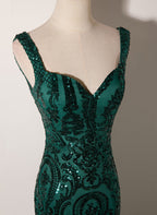 Dark Green Mermaid Tulle With Sequins Straps Party Dress, Mermaid Long Formal Dress
