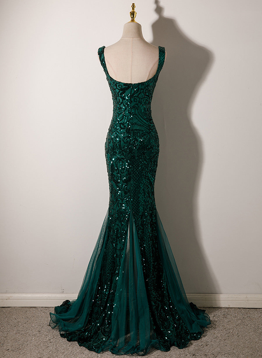 Dark Green Mermaid Tulle With Sequins Straps Party Dress, Mermaid Long Formal Dress