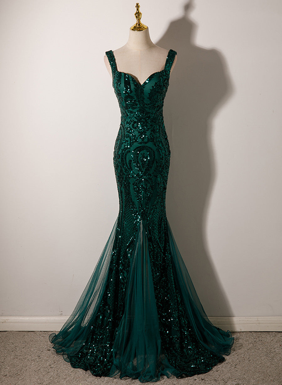 Dark Green Mermaid Tulle With Sequins Straps Party Dress, Mermaid Long Formal Dress Main image