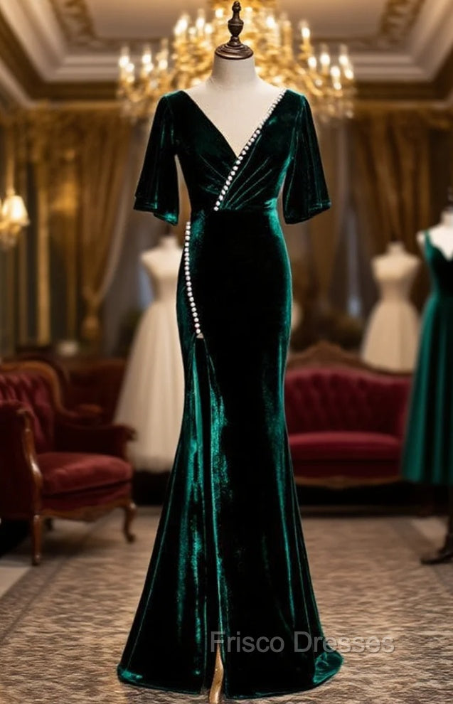 Dark Green Mermaid Velvet Short Sleeve V-neck Formal Prom Dress Main image