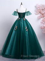 Dark Green Off Shoulder Tulle Party Dress with Lace, Green Formal Dress Formal Prom Dress