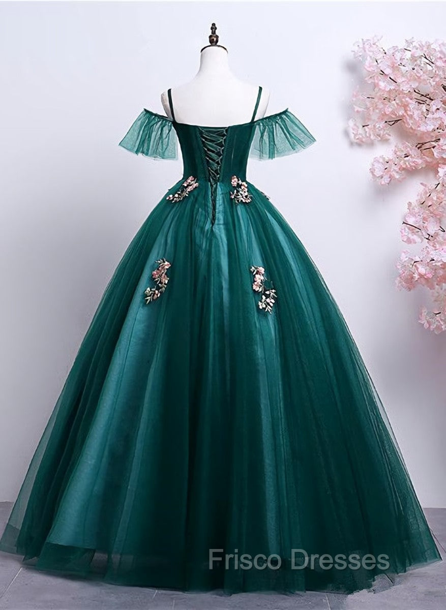 Dark Green Off Shoulder Tulle Party Dress with Lace, Green Formal Dress Formal Prom Dress