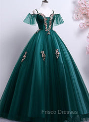 Dark Green Off Shoulder Tulle Party Dress with Lace, Green Formal Dress Formal Prom Dress