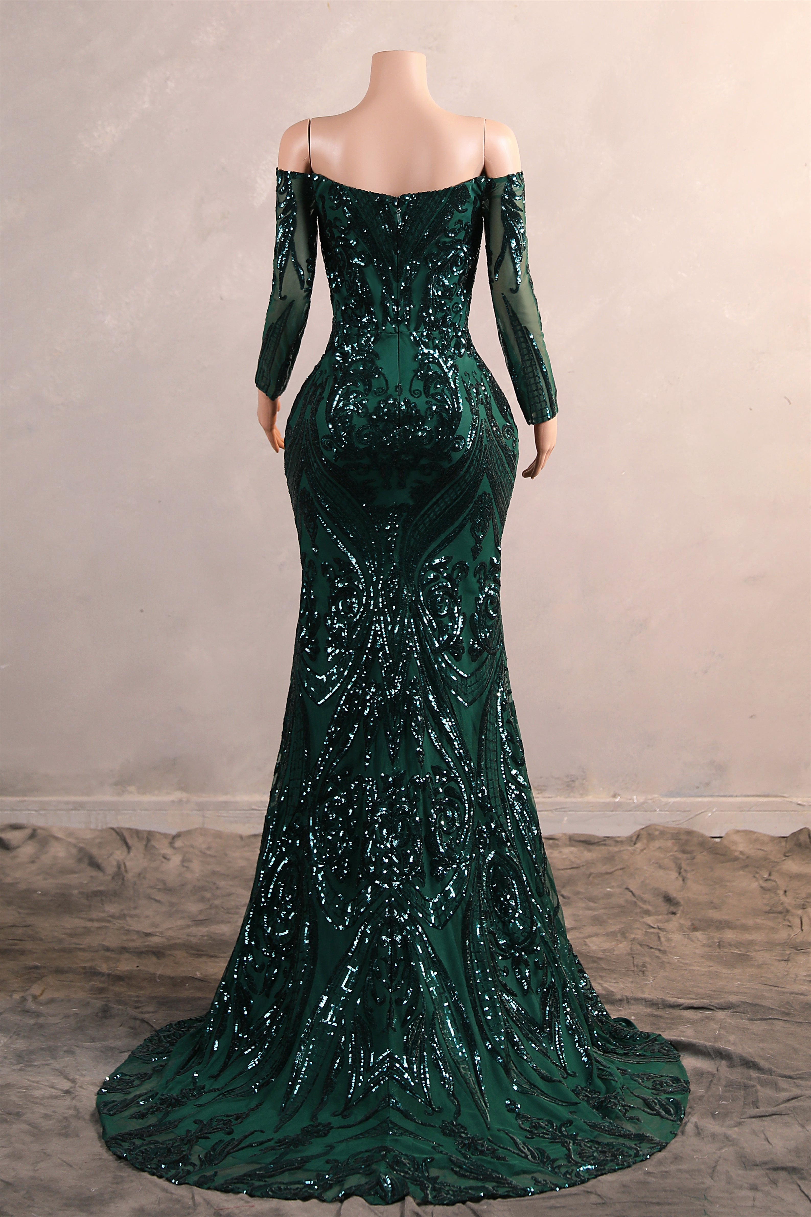 Dark Green Off-The-Shoulder Long Sleeves Sequin Mermaid Prom Dresses Secondary image