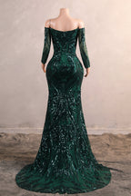 Dark Green Off-The-Shoulder Long Sleeves Sequin Mermaid Prom Dresses