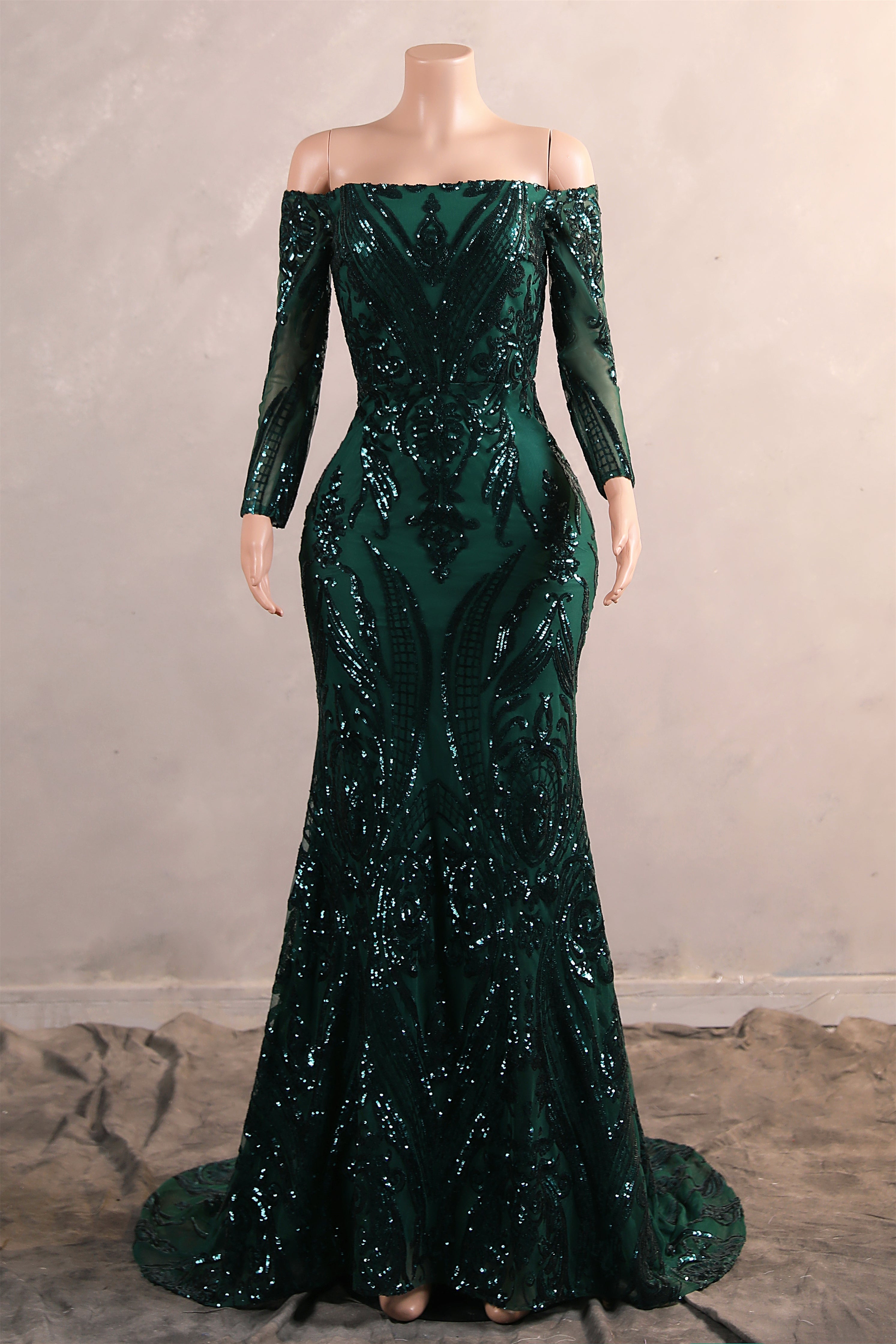 Dark Green Off-The-Shoulder Long Sleeves Sequin Mermaid Prom Dresses Main image
