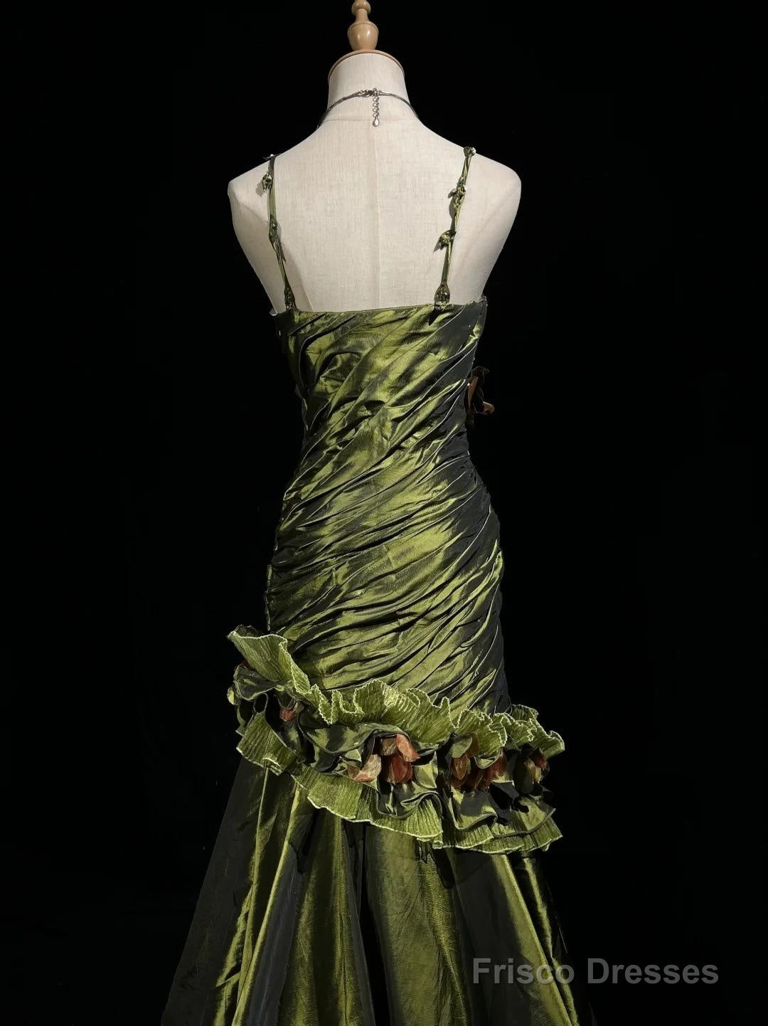 Dark Green Retro Mermaid Irregular Neckline Satin Beaded Long Prom Dress Birthday Graduation Prom Dress