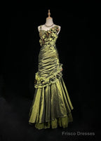 Dark Green Retro Mermaid Irregular Neckline Satin Beaded Long Prom Dress Birthday Graduation Prom Dress