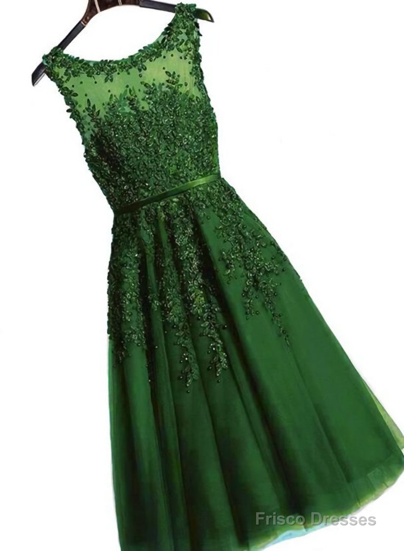 Dark Green Round Neckline Tea Length Lace Party Dress, Wedding Party Dress Main image