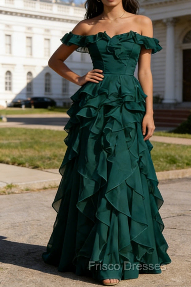 Dark Green Ruffled A-Line Square Neck Long Prom Dress Main image