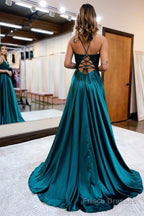 Dark Green Satin A-Line Appliques Prom Dress with Slit Formal Evening Dresses