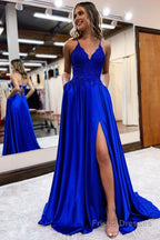 Dark Green Satin A-Line Appliques Prom Dress with Slit Formal Evening Dresses