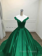 Dark Green Satin Ball Gown Long Evening Dress Formal Prom Dress, Green Formal Dress