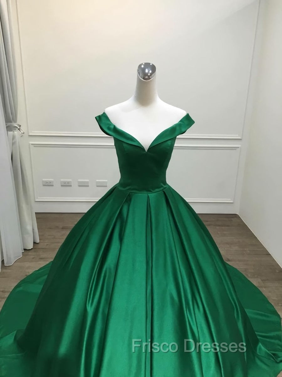 Dark Green Satin Ball Gown Long Evening Dress Formal Prom Dress, Green Formal Dress