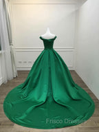 Dark Green Satin Ball Gown Long Evening Dress Formal Prom Dress, Green Formal Dress