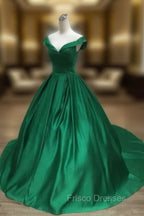 Dark Green Satin Ball Gown Long Evening Dress Formal Prom Dress, Green Formal Dress