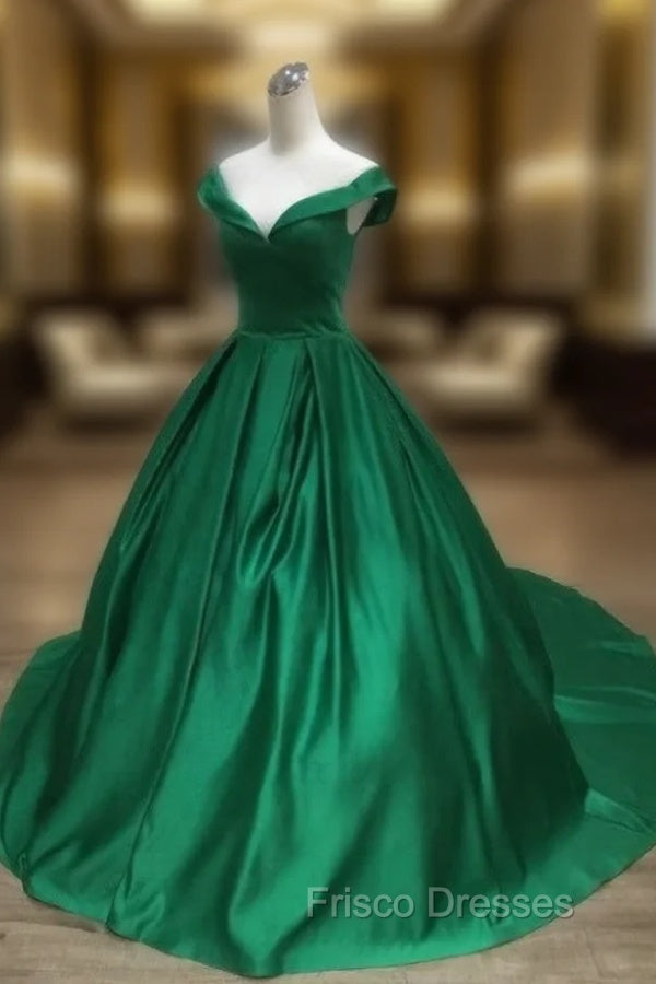 Dark Green Satin Ball Gown Long Evening Dress Formal Prom Dress, Green Formal Dress