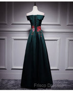 Dark Green Satin Off Shoulder Floor Length Satin Party Dress, Green Formal Prom Dress Formal Dress
