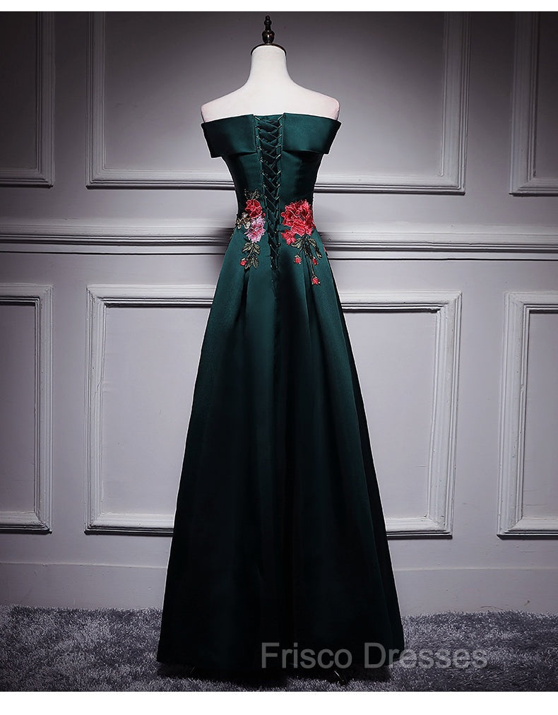 Dark Green Satin Off Shoulder Floor Length Satin Party Dress, Green Formal Prom Dress Formal Dress