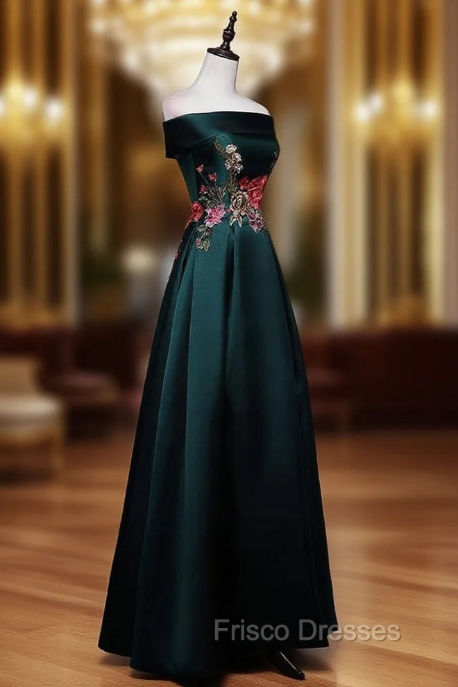 Dark Green Satin Off Shoulder Floor Length Satin Party Dress, Green Formal Prom Dress Formal Dress Main image
