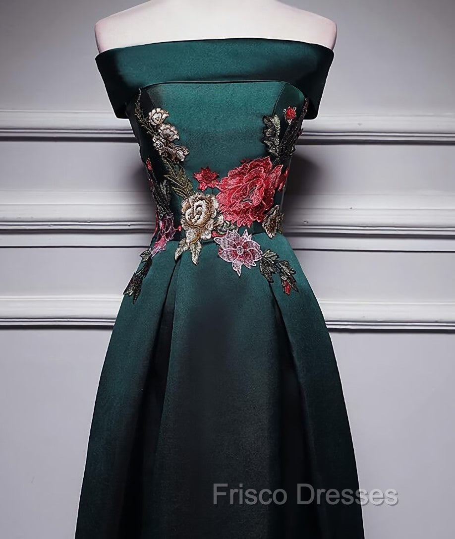 Dark Green Satin Off Shoulder Floor Length Satin Party Dress, Green Formal Prom Dress Formal Dress