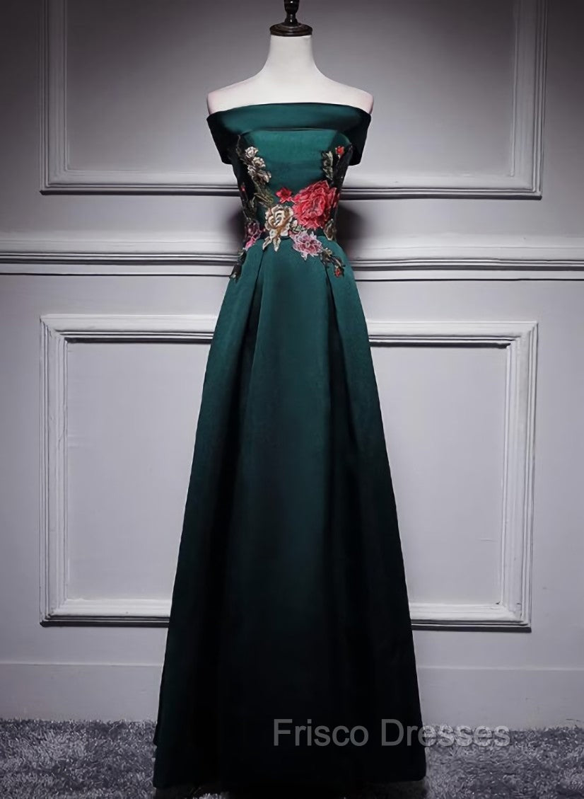 Dark Green Satin Off Shoulder Floor Length Satin Party Dress, Green Formal Prom Dress Formal Dress